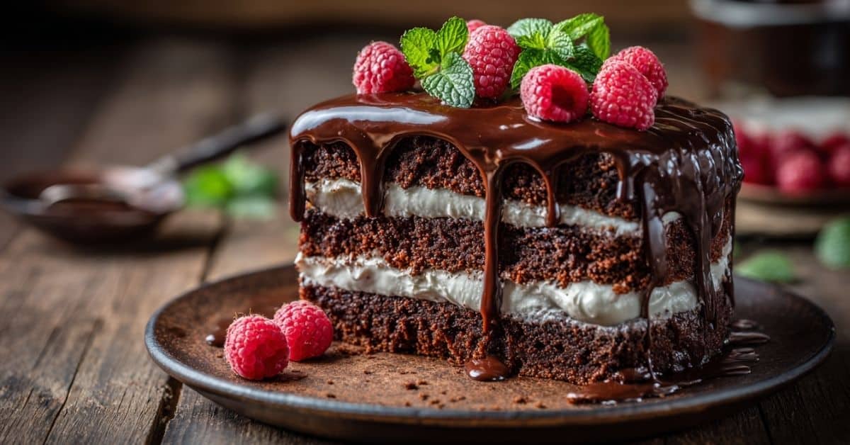 layered ciasto czekoladowe z kremem with raspberries