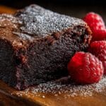 Idealnie wilgotne brownie bez mąki z chrupiącą skórką, udekorowane świeżymi malinami. To najlepsze bezglutenowe ciasto czekoladowe.