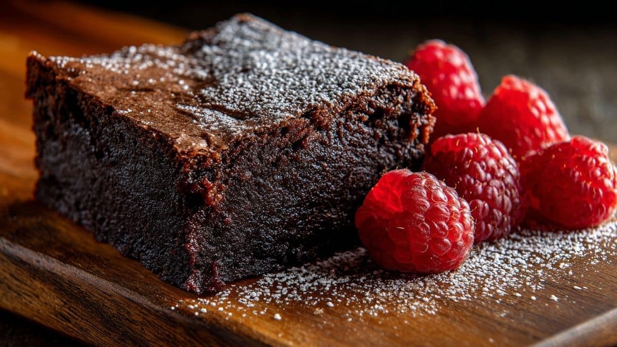 Idealnie wilgotne brownie bez mąki z chrupiącą skórką, udekorowane świeżymi malinami. To najlepsze bezglutenowe ciasto czekoladowe.