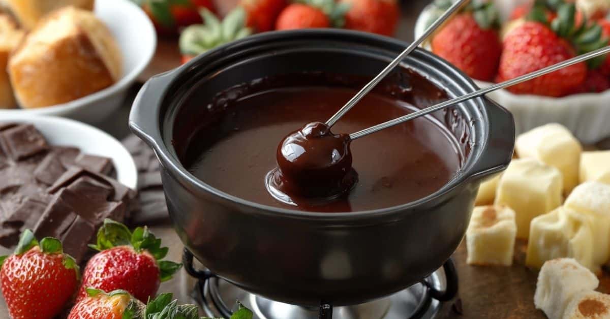 ceramic fondue pot with czekoladowe fondue and fresh fruit