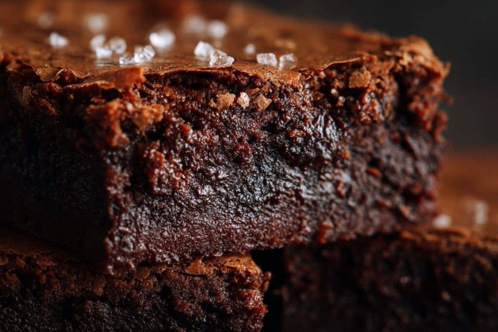 Przekrój wilgotnego brownie bez mąki podkreślający jego gęstą, czekoladową teksturę, idealny dla miłośników bezglutenowych wypieków.