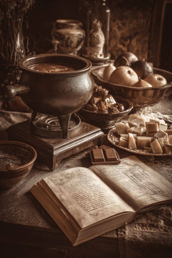 historyczne tło fondue czekoladowego w stylu vintage
