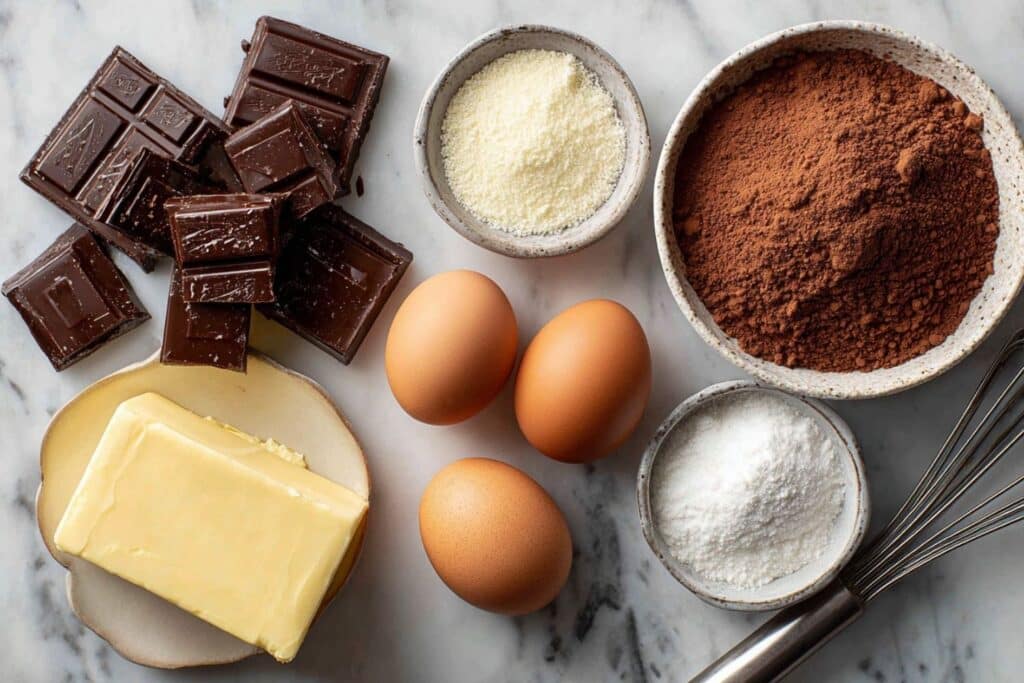 Składniki do klasycznego przepisu na brownie bez mąki ułożone na blacie, w tym gorzka czekolada i kakao.