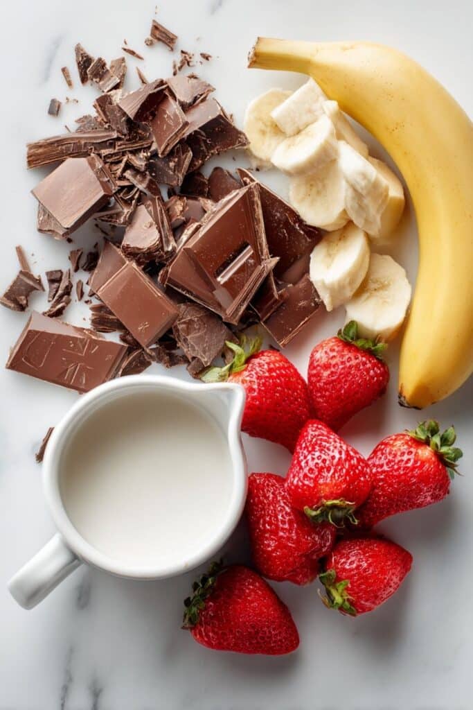 składniki na fondue czekoladowe z truskawkami i bananami