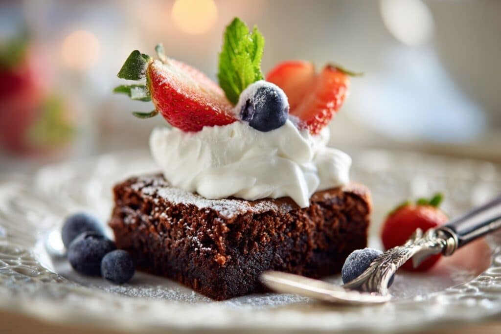 Kawałek wilgotnego brownie bez mąki podany z bitą śmietaną i świeżymi owocami, idealne uzupełnienie intensywnie czekoladowego ciasta.