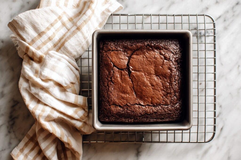 Świeżo upieczone, wilgotne brownie bez mąki stygnące w formie, symbolizujące gotowość do udzielenia odpowiedzi na pytania.