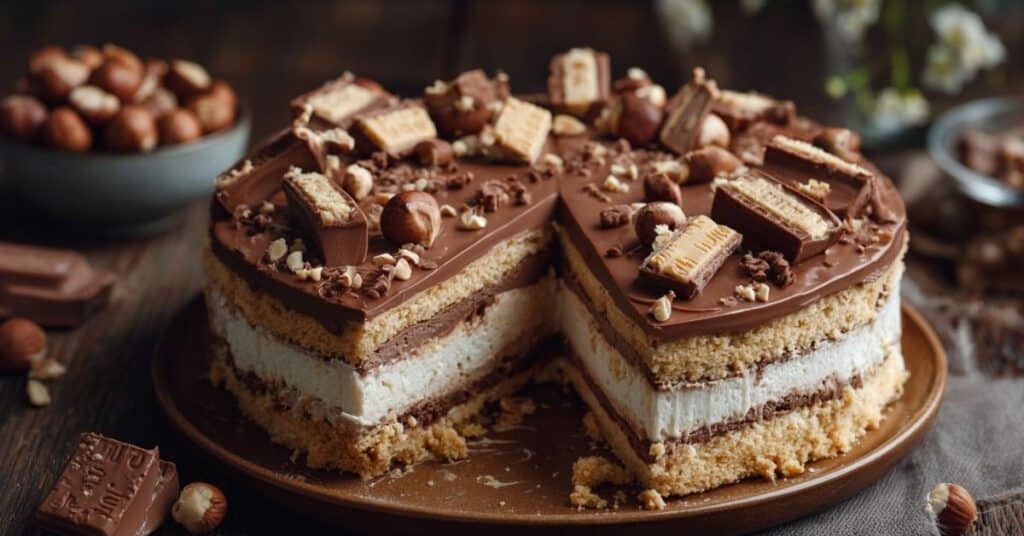 ciasto kinder bueno bez pieczenia na drewnianym stole