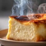 kawałek sernika gotowanego na talerzu z kremową konsystencją