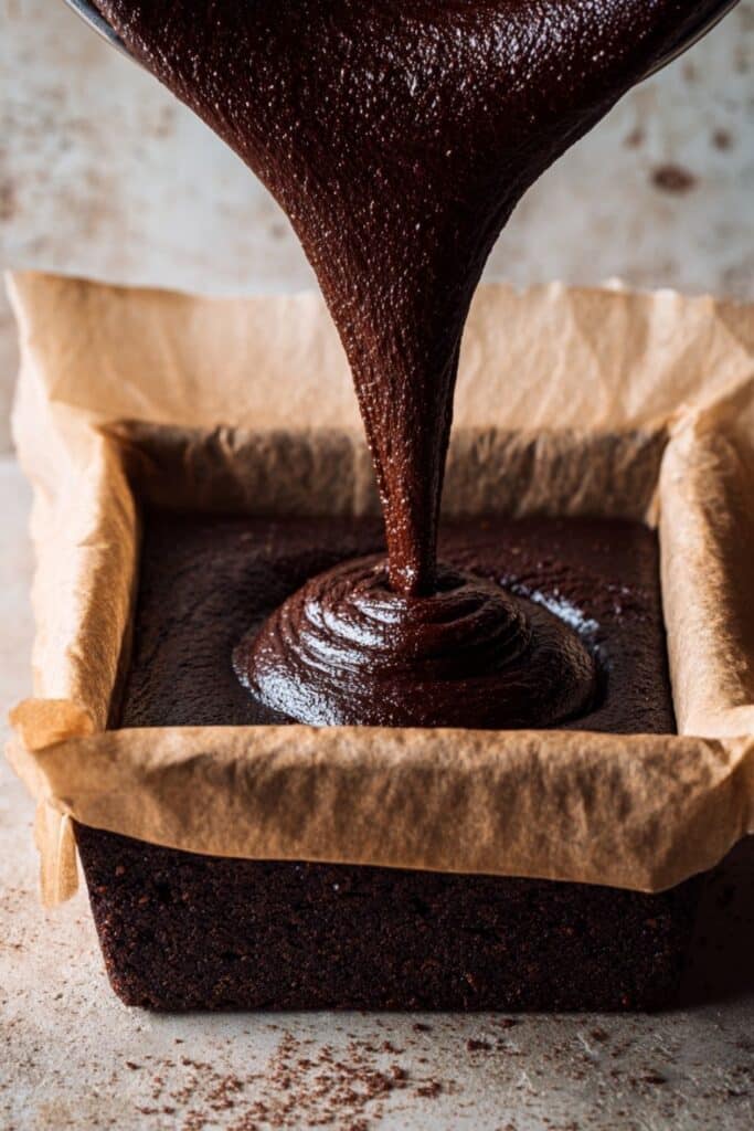 masa na brownie bezglutenowe wylewana do formy z papierem