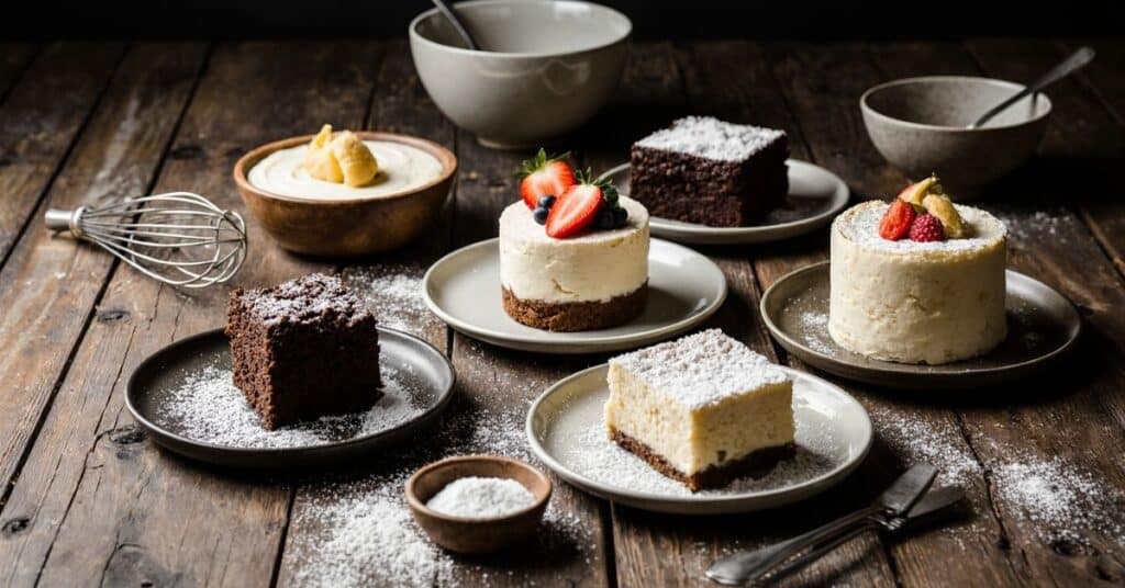 ciasto bez masy na stole z różnymi lekkimi wypiekami