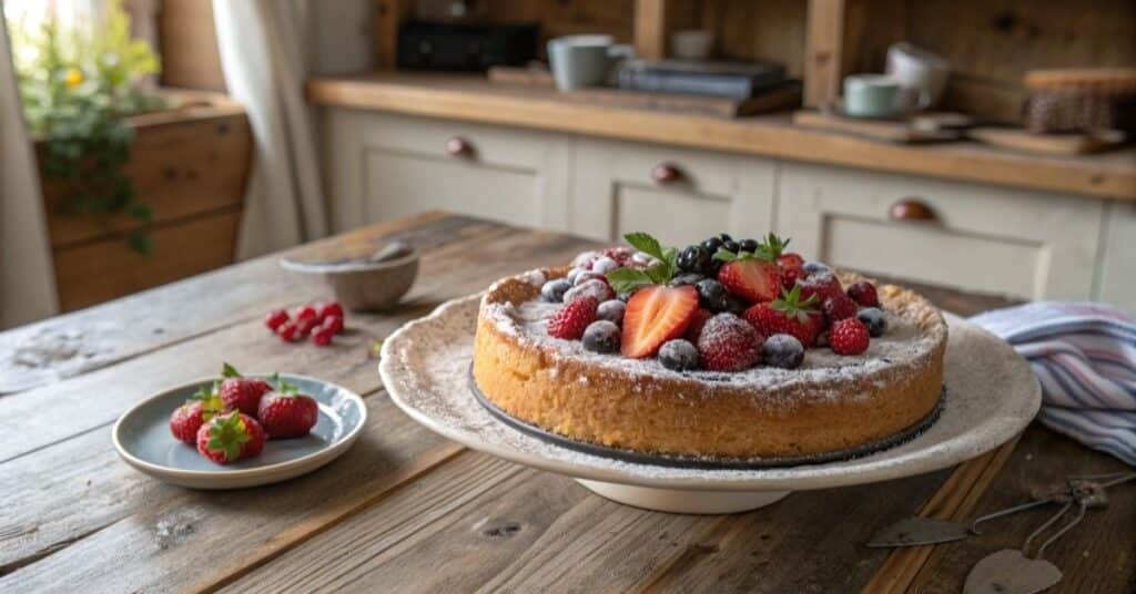Ciasto ucierane z owocami na oleju na drewnianym stole