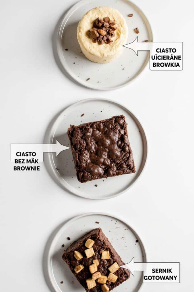 rodzaje ciasta bez masy przedstawione na trzech talerzach