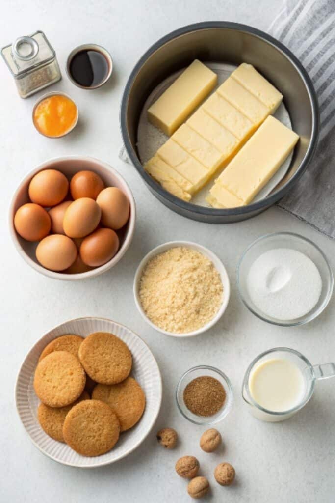 składniki na sernik na spodzie z ciastek ułożone do pieczenia