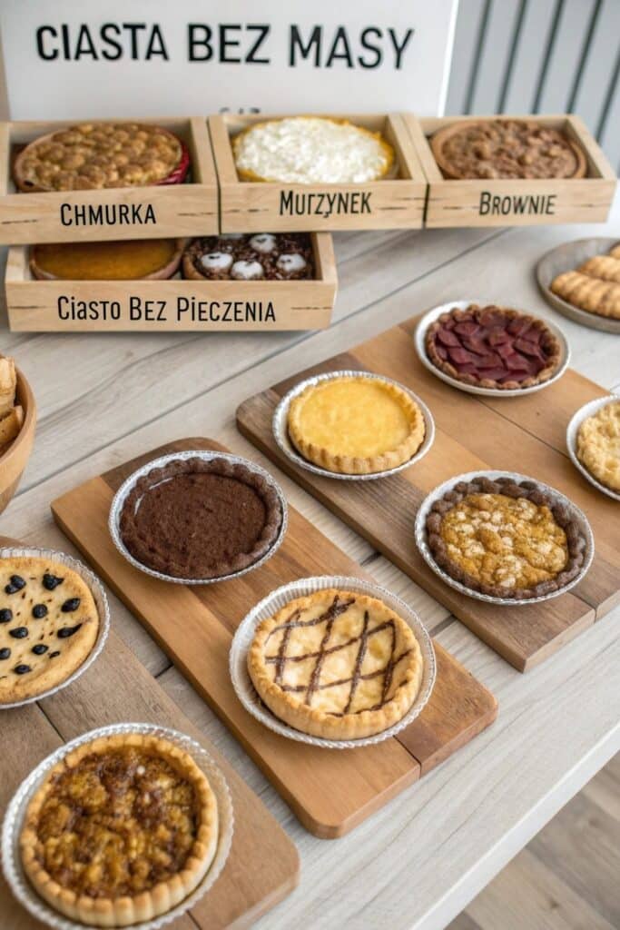 dziesięć różnych ciast bez masy na jasnym stole