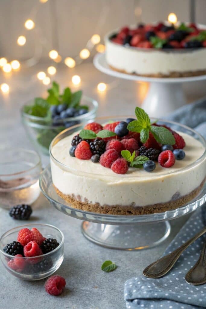 sernik na zimno na spodzie z ciastek z owocami