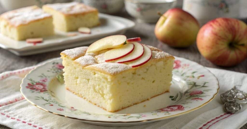 Ciasto bez masła na jogurcie greckim z jabłkami na dekoracyjnym talerzu