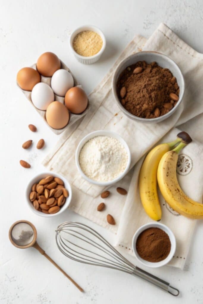 Składniki na zdrowe ciasto bez mąki ułożone na kuchennym blacie