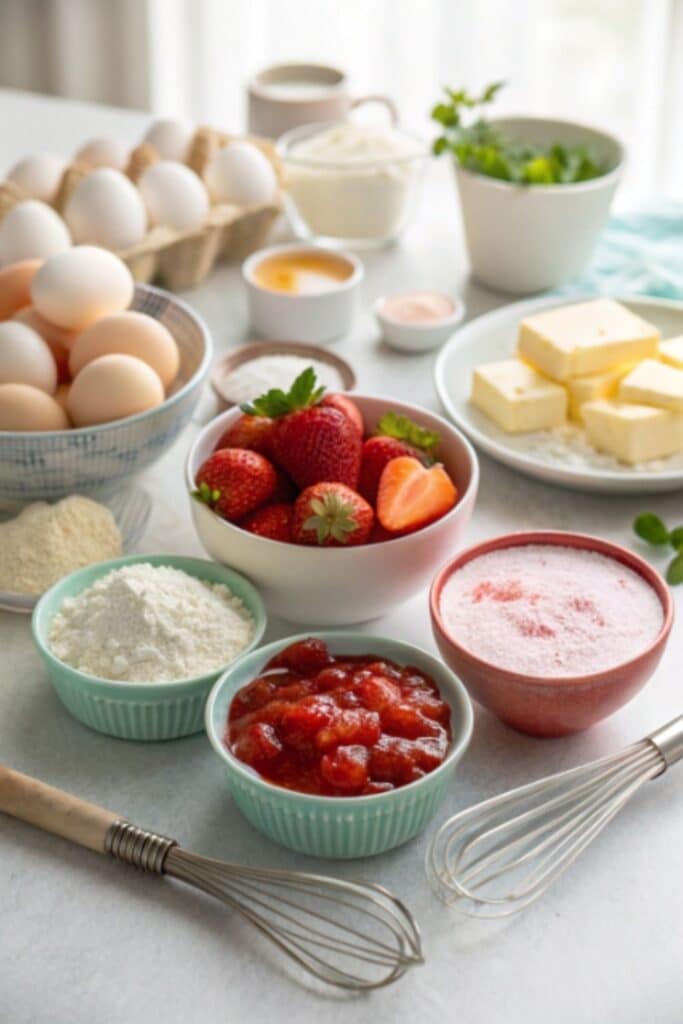 Estetyczne ujęcie wszystkich składników niezbędnych do przygotowania ciasta z galaretką i truskawkami. Idealny wizualny wstęp do przepisu.