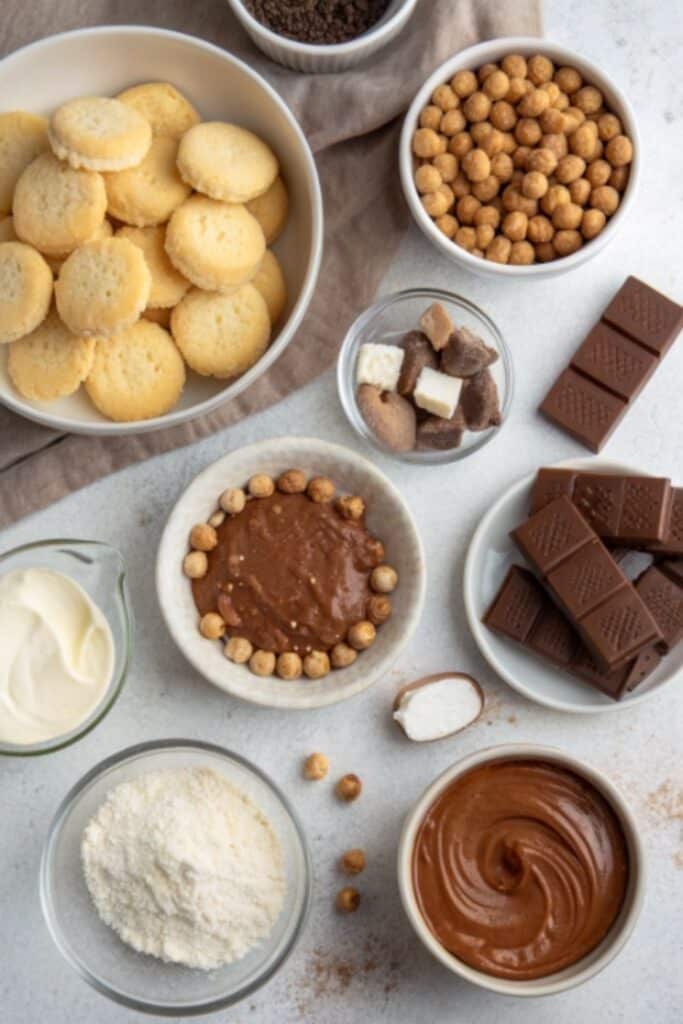 składniki potrzebne do ciasta kinder bez pieczenia ułożone w miseczkach