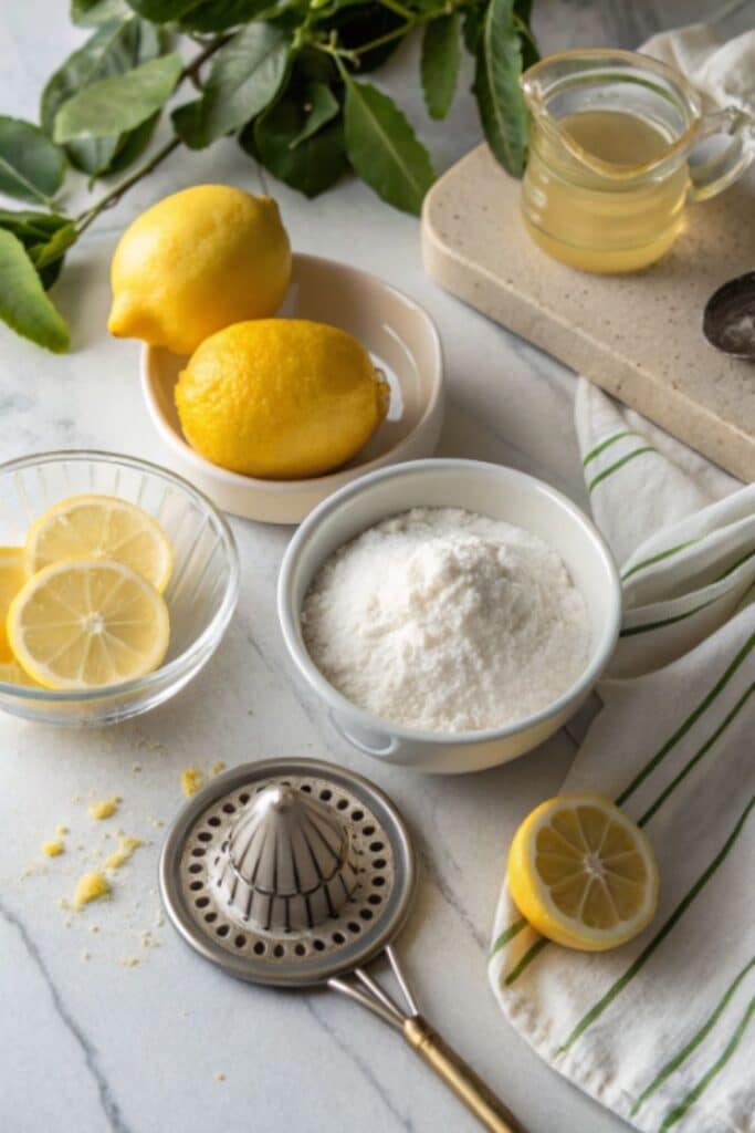 składniki na lukier cytrynowy w kuchni na blacie