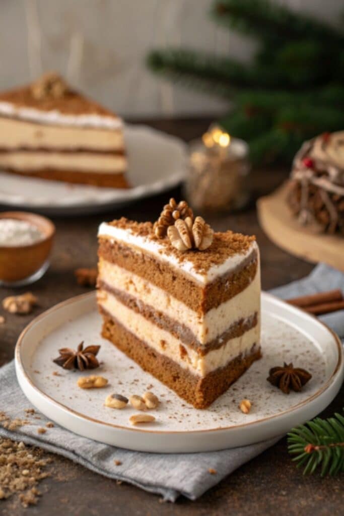 Przepis na ciasto świąteczne bez pieczenia z kajmakiem i przyprawą piernikową, deser warstwowy.