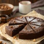 Wilgotne czekoladowe ciasto bez mąki z migdałów pokrojone na kawałki