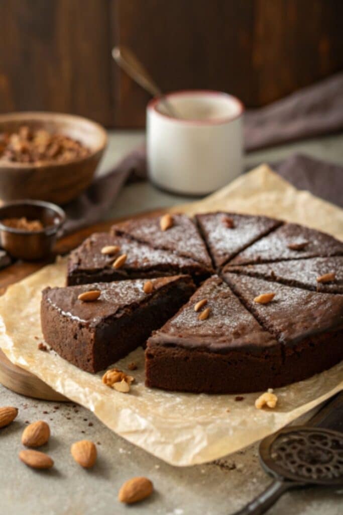 Wilgotne czekoladowe ciasto bez mąki z migdałów pokrojone na kawałki