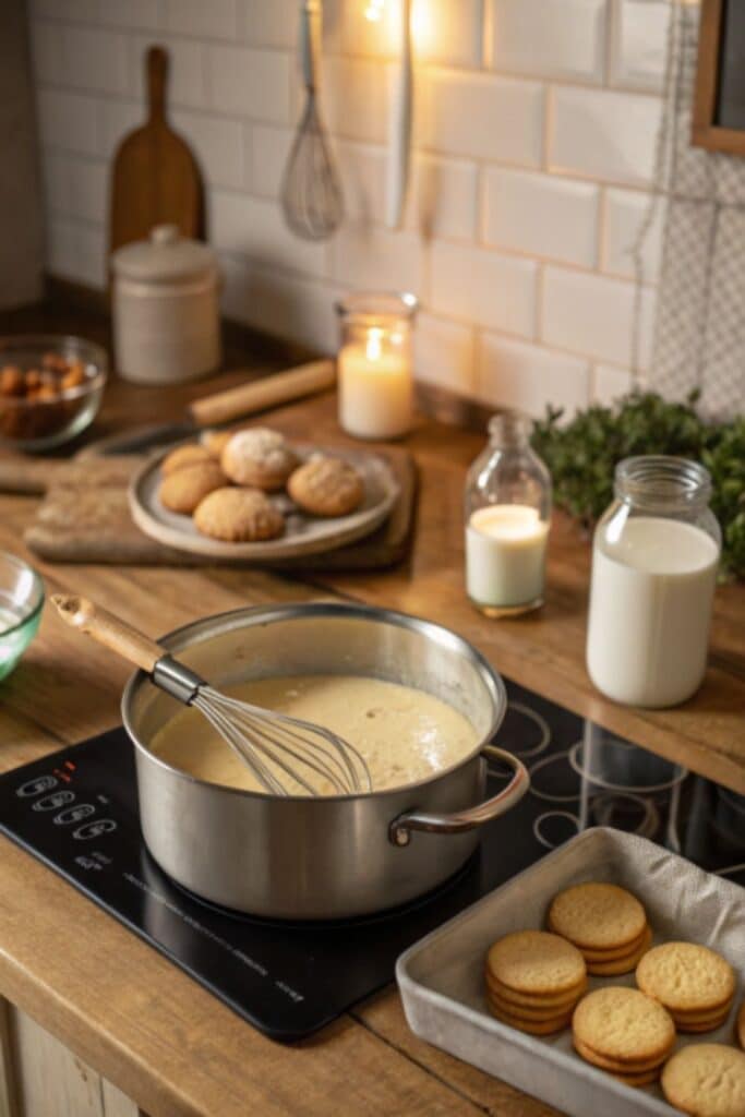 przygotowanie budyniu i spodu z herbatników do ciasta kinder
