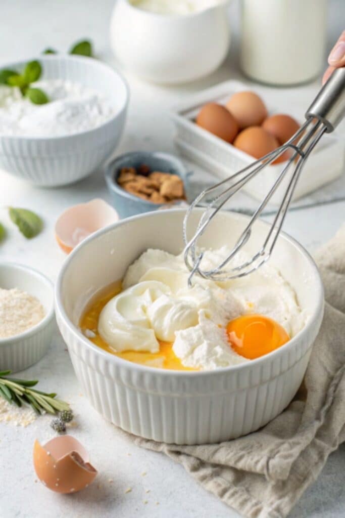 Mieszanie jogurtu, jajek i cukru do ciasta bez masła