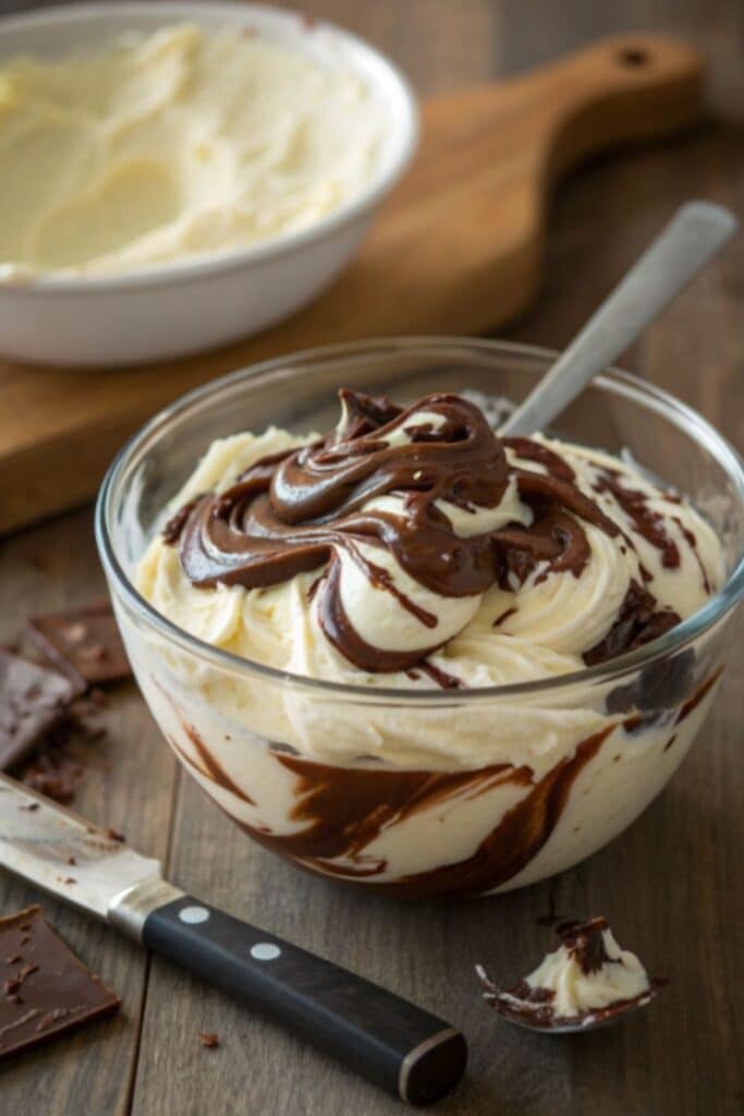 mieszanie kremu budyniowego z orzechami laskowymi do ciasta kinder