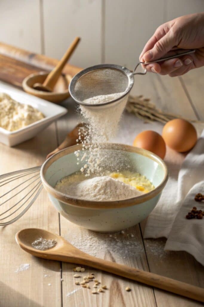 Przesiewanie mąki do ciasta bez masła
