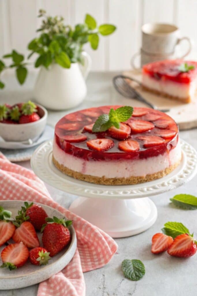 Dekoracja ciasta z truskawkami i galaretką