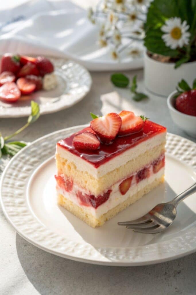 Porcja ciasta truskawkowego z galaretką na talerzu