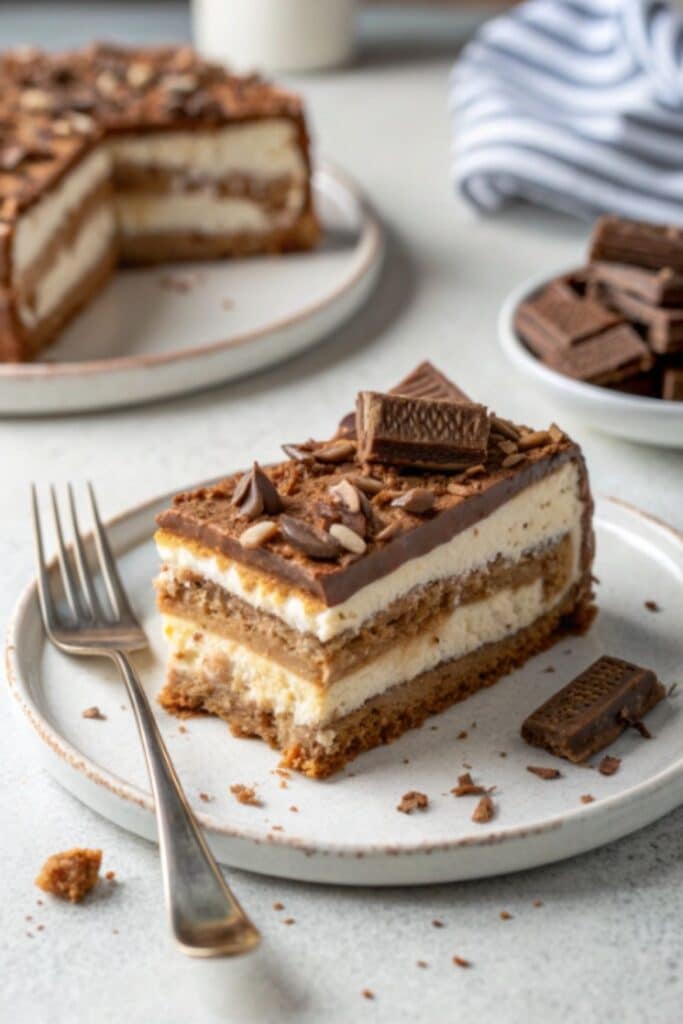 kawałek ciasta kinder bez pieczenia z wyraźnymi warstwami