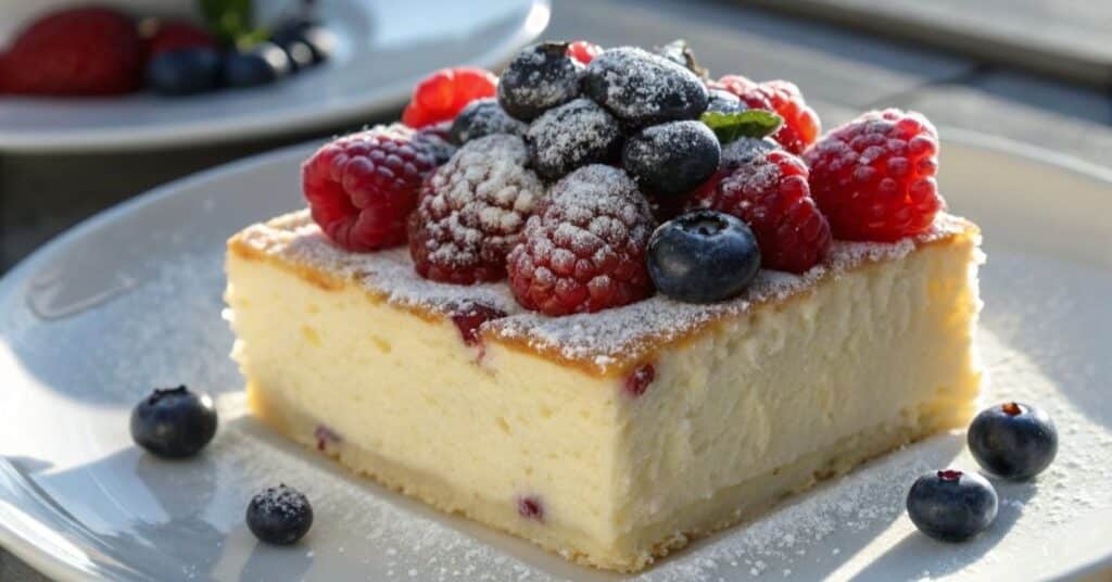 Puszyste ciasto z serem i owocami na białym talerzu