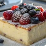 Puszyste ciasto z serem i owocami na białym talerzu