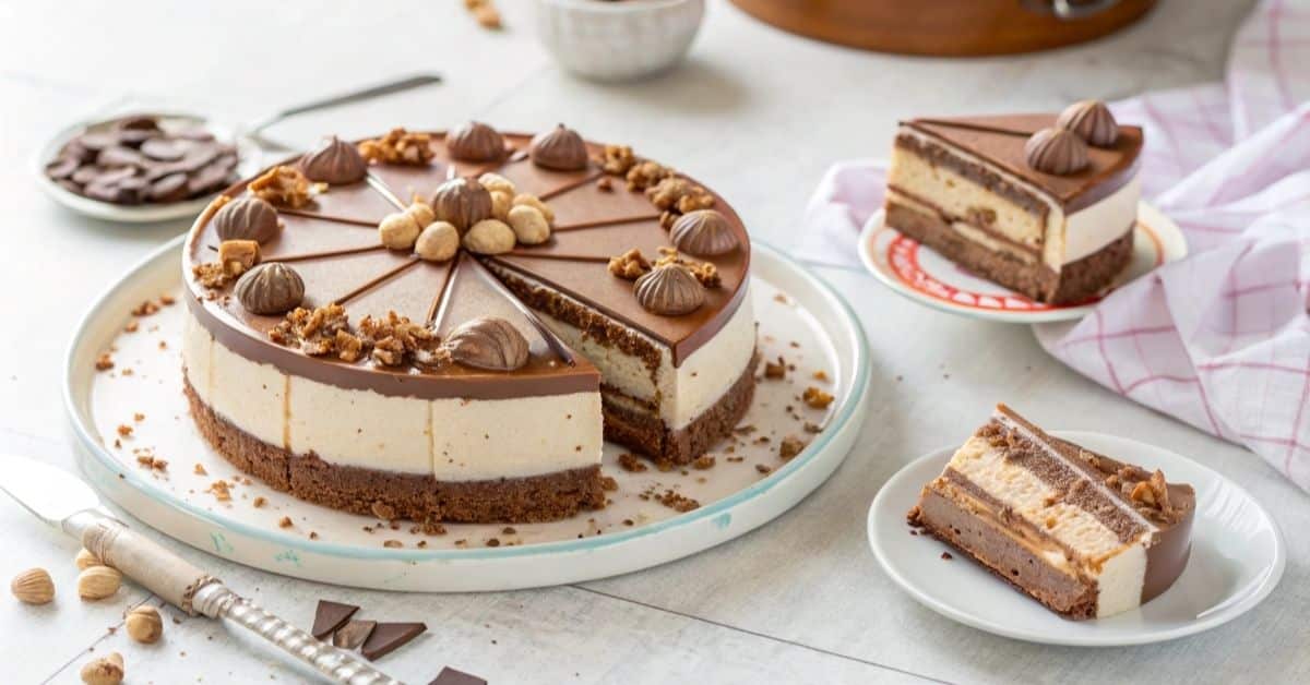 ciasto kinder bueno bez pieczenia na talerzu z warstwami kremów i dekoracją