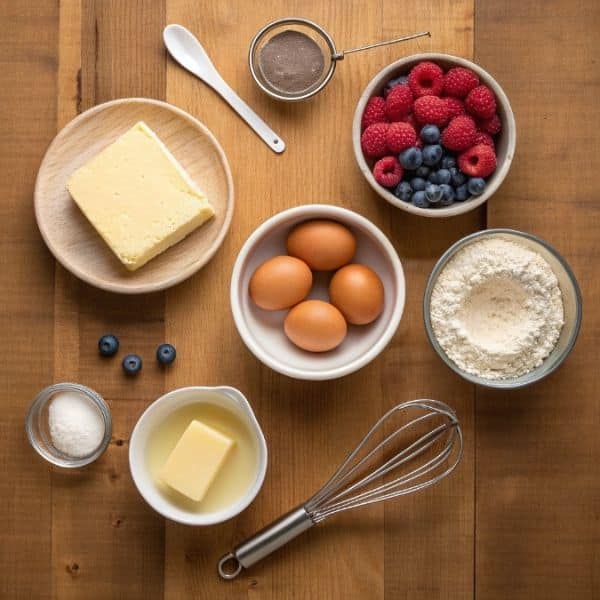 Składniki do ciasta z twarogiem i owocami rozłożone na blacie
