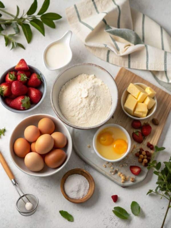 ciasto z twarogiem skladniki na kuchennym blacie przed pieczeniem