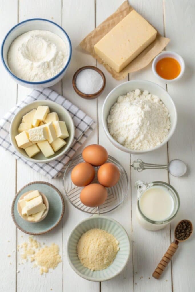 Składniki na ciasto drożdżowe z serem ułożone na stole