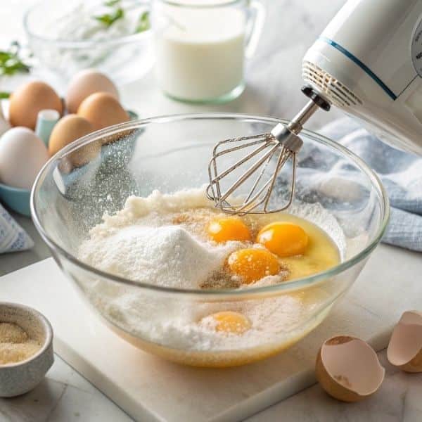 Ubijanie jajek z cukrem na puszystą masę do ciasta z serem
