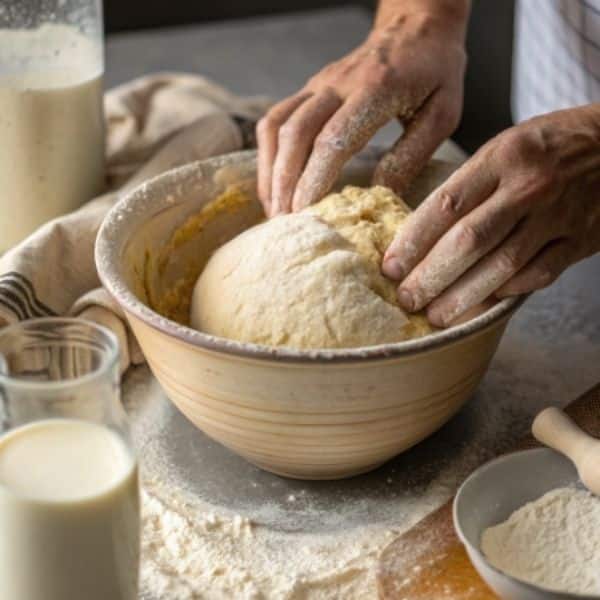 Wyrabianie ciasta drożdżowego ręcznie w misce