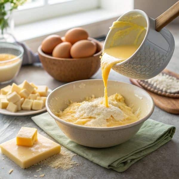 Dodawanie roztopionego masła i twarogu do ciasta z serem