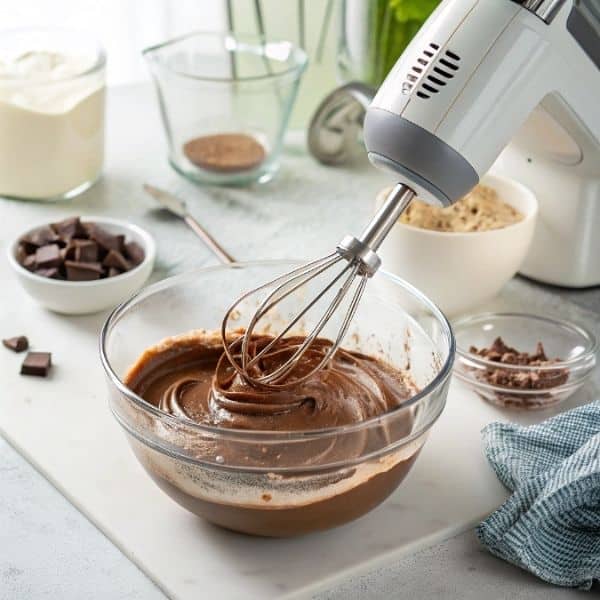 miksowanie aksamitnej masy czekoladowej do kinder bueno bez pieczenia