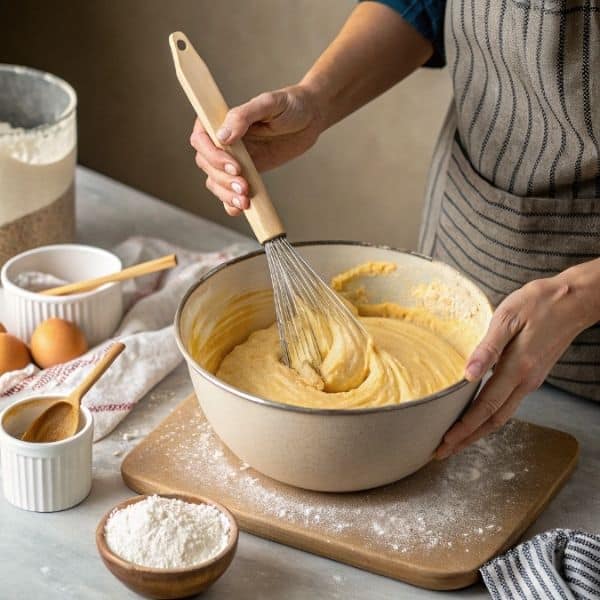 Mieszanie ciasta z twarogiem i mąką za pomocą szpatułki