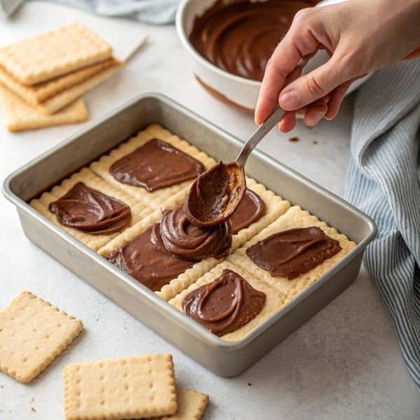 nakładanie nutelli na herbatniki do ciasta kinder bueno bez pieczenia