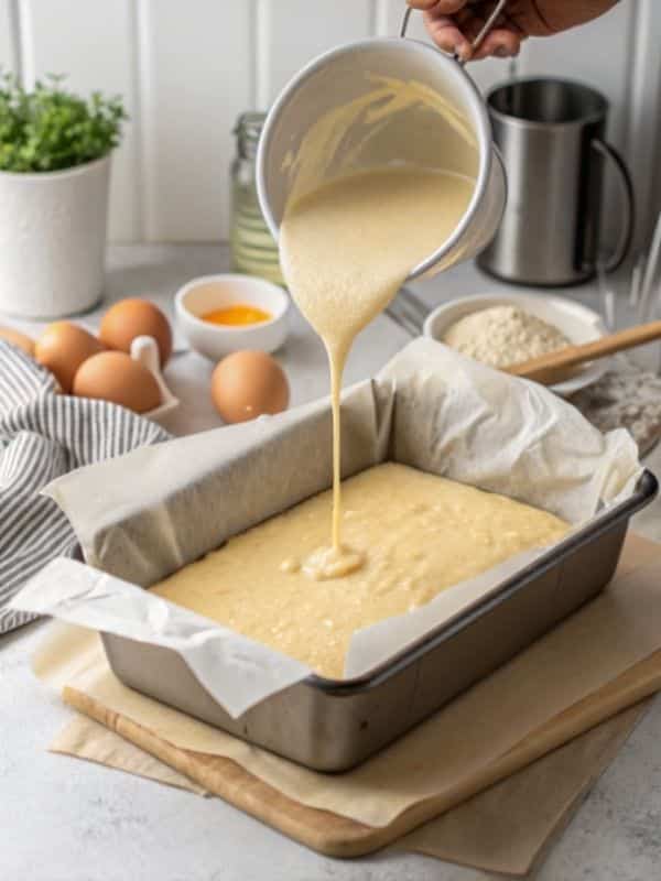 ciasto z twarogiem masa w formie przed pieczeniem