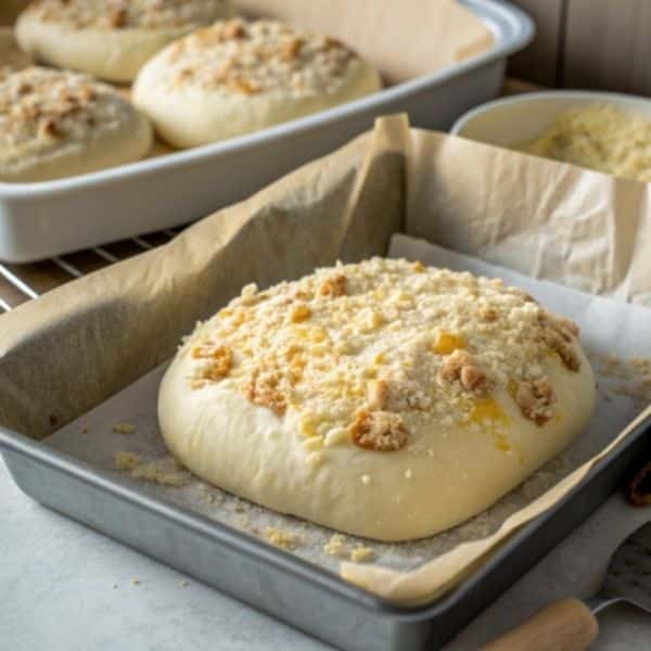 Nakładanie farszu i kruszonki na ciasto drożdżowe