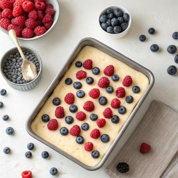 Układanie świeżych owoców na cieście z twarogiem przed pieczeniem