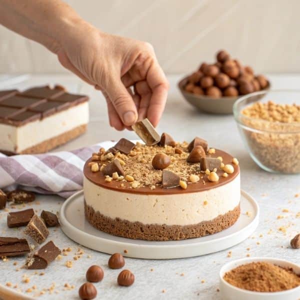 dekorowanie ciasta kinder bueno bez pieczenia batonikami i orzechami